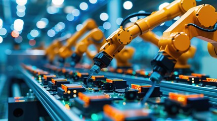 Poster - Advanced High Precision Robot Arms on Fully Automated PCB Assembly Line Inside Modern Electronics Factory. Electronic Devices Production Industry. copy space for text.