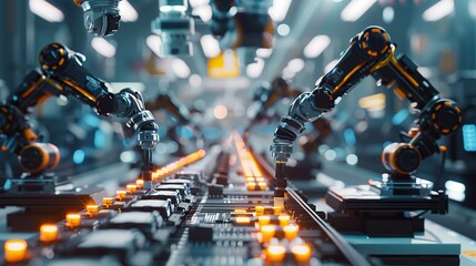 Poster - Advanced High Precision Robot Arms on Fully Automated PCB Assembly Line Inside Modern Electronics Factory. Electronic Devices Production Industry. copy space for text.