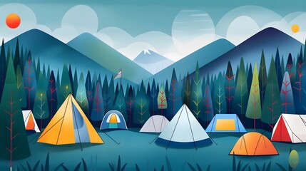 colorful campsite with multiple tents nestled in a scenic mountain forest landscape under a vibrant 