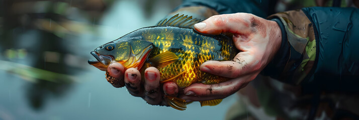 Wall Mural - The fisherman holds a big fish in his hands. 