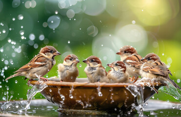 Wall Mural - A group of cute little birds sitting in a bowl and splashing water on their heads, while other pretty sparrow-like animals stand around watching them play with each other.