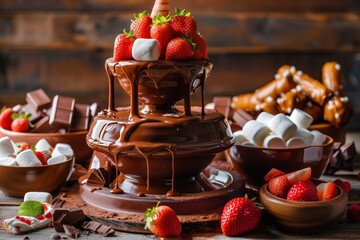 Wall Mural - Chocolate fondue with strawberries and marshmallows on wooden background