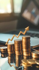 Poster - Stacks of coins with an upward arrow symbolizing financial growth on a desk. Investment and economic success concept. Ideal for finance and business promotions
