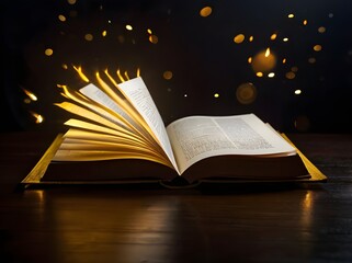 open book with glowing yellow light on dark background