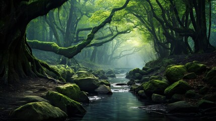 Mystical forest with moss-covered trees and paths.