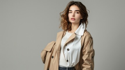 Wall Mural - shot of fashionable woman holding trench coat and looking away isolated on grey