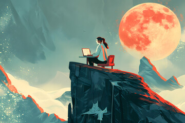 Poster - young professional woman woeking at a desk on the top of a mountain