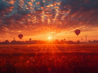 Hot air balloons over a wheat field at sunrise