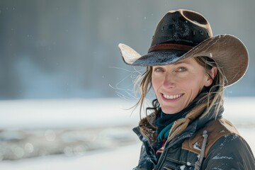 Wall Mural - Portrait of a glad caucasian woman in her 30s wearing a rugged cowboy hat on backdrop of a frozen winter lake
