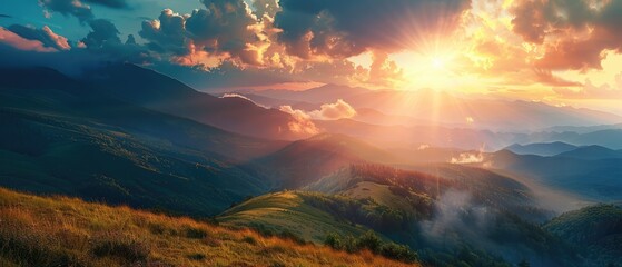 Wall Mural - Sunrise with dramatic clouds and sun rays serene mountain landscape