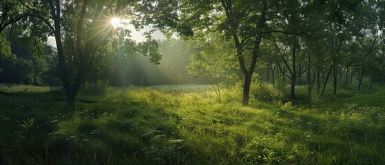 Wall Mural - summer morning with sunlight in the green forest panoramic image