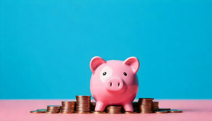 Wall Mural - Building wealth: a pink piggy bank with stacks of coins on teal