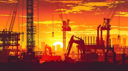 Wall Mural - Construction Site at Sunset: Cranes and Excavators Build the Future Against a Vibrant Sky