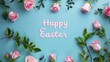© Ya Ali Madad  - happy Easter written in the middle of the blue background with eggs and flowers decoration all around with empty copy space background wallpaper with rabbit playing on the celebration with egg