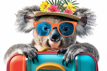 Wall Mural - A happy animal soaks up the sun on a beach vacation, surrounded by a colorful suitcase and sunglasses. A fun and carefree illustration on a white background.