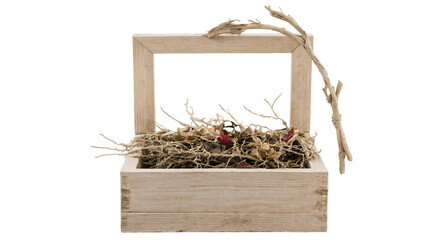 Aufkleber - A wooden box filled with dried branches and earthtoned leaves accented with rustic accents like twine and burlap.