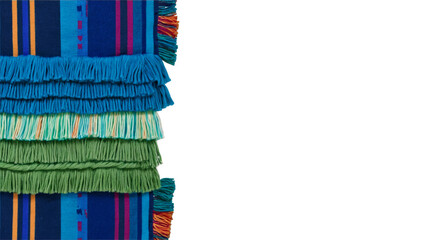 Aufkleber - A soft woven fabric with tassels on either end featuring vibrant geometric designs in shades of blue and green.