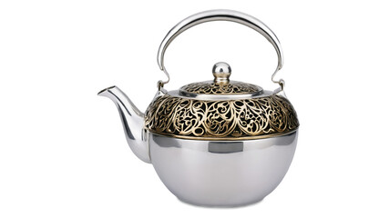 Aufkleber - A collection of metallic teapots in shiny silver gold and bronze hues each one adorned with delicate filigree designs and a curved spout. They are arranged in a triangular