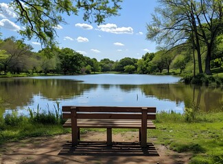 Canvas Print - A wooden bench sits on the edge of a lake in a park with trees and a blue sky.