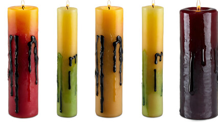 Aufkleber - A set of small cylindrical candles with a melted wax appearance. Each candle is approximately 1 inch tall and 1 inch in diameter.