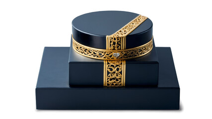 Aufkleber - A collection of five sleek black boxes with a glossy finish stacked on top of each other adorned with subtle golden details and delicate filigree.