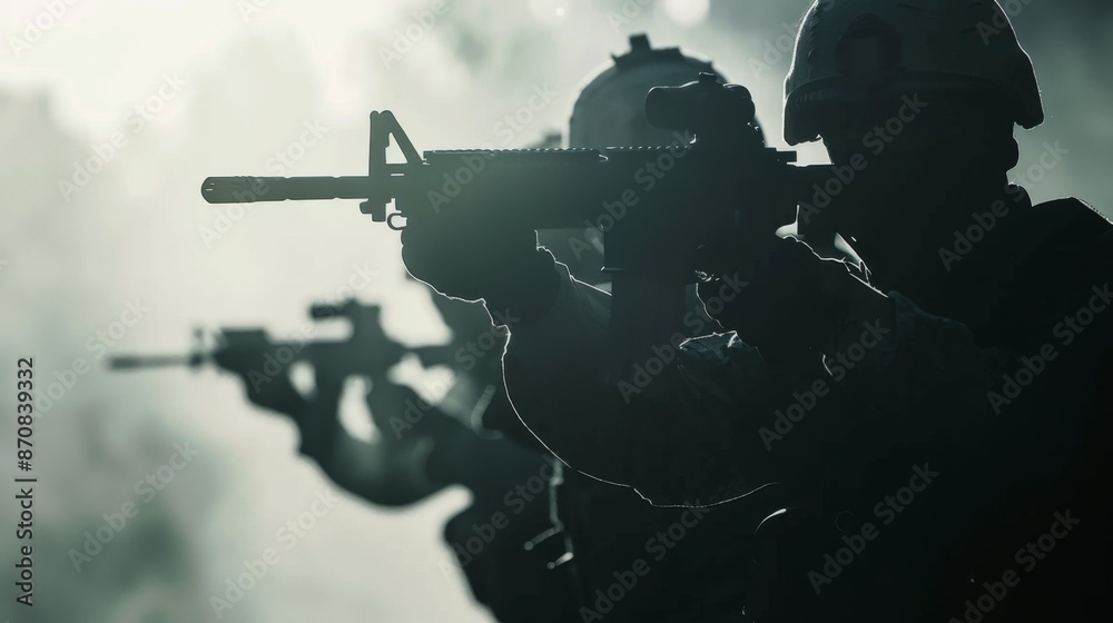 Team special forces. soldier assault rifle with silencer.Silhouette ...
