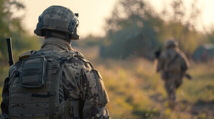 Wall Mural - The fighter of the special unit turned and threateningly looks at the enemy. Back view