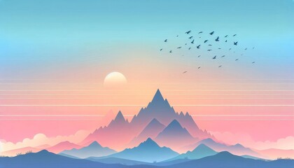 Wall Mural - Silhouettes of Mountains at Sunset - Silhouettes of mountains against a vibrant sunset, with birds flying in formation across the sky. - Silhouettes of mountains against a vibrant sunset, with birds f