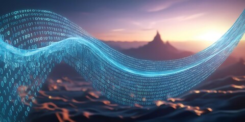 Digital binary code against the backdrop of a mountain silhouette