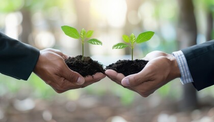 Two hands holding a handful of soil with a small plant growing out of it.