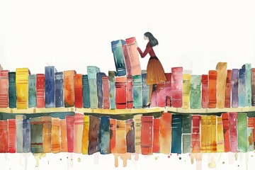 Poster - Watercolor Illustration of a Woman with a Stack of Books - A watercolor illustration of a woman holding a stack of books in front of a bookshelf. - A watercolor illustration of a woman holding a stack