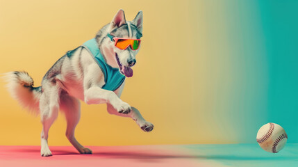 Wall Mural - Husky Dog Wearing Sunglasses Running After Baseball