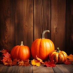 Wall Mural - Pumpkins are on a wooden background with maple leaves, with copy space