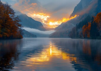 Poster - Sunrise over a mountain lake