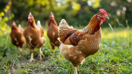 Canvas Print - Brown Chickens in a Grassy Field