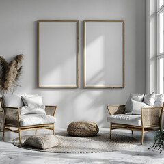 Wall Mural - minimalistic white living room interior with two armchairs, bookcase and vertical poster isolated on white background, vintage, png