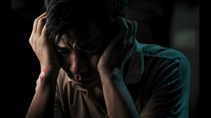 Man sad or cry alone in dark background asia people adult worry unhappy