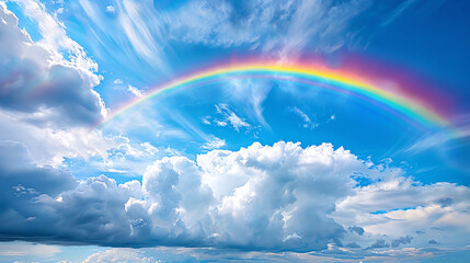 a vibrant rainbow in a blue sky with white clouds