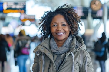 Wall Mural - Portrait of a cheerful afro-american woman in her 40s wearing a lightweight packable anorak over bustling airport terminal background