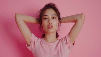 Wall Mural - Young pretty Asian woman model wearing tshirt looking at camera standing on color background