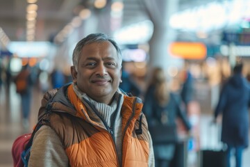 Wall Mural - Portrait of a joyful indian man in his 40s dressed in a thermal insulation vest while standing against bustling airport terminal