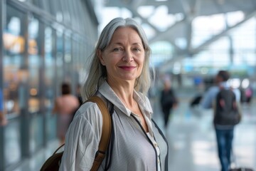 Wall Mural - Portrait of a content woman in her 50s dressed in a breathable mesh vest isolated in bustling airport terminal background