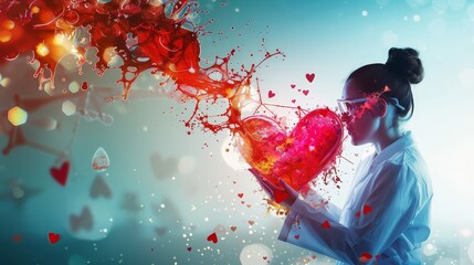 Wall Mural - Scientist conducting heart research with vibrant graphics - Scientist in a lab coat holding a heart model with vibrant, abstract graphics in the background, symbolizing cutting-edge medical research, 