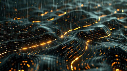 Poster - Flowing data streams with glowing particles in a dark digital background