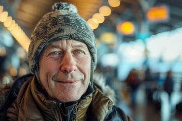 Wall Mural - Portrait of a content caucasian man in his 50s dressed in a warm ski hat on bustling airport terminal background