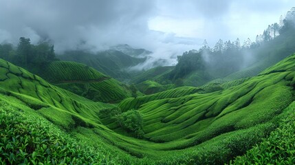 Wall Mural - Misty Green Tea Plantation Landscape
