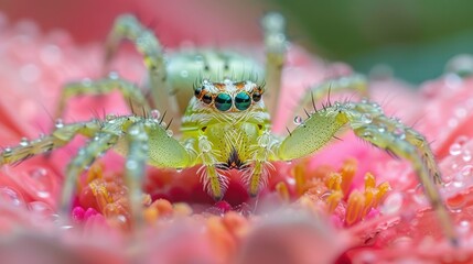 Wall Mural - Macro Photography of a Green Jumping Spider on a Pink Flower