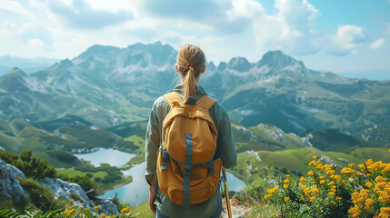 wide panoramic travel banner background with isolated traveler hiker girl with a back pack standing at the mountain peak and looking at a misty mountain valley