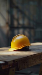 Yellow protective hard hat on wooden table in workshop, industrial safety equipment concept