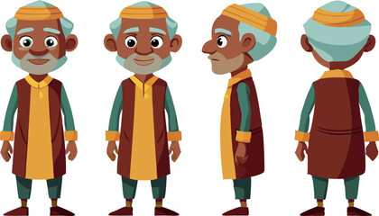 Cartoon character design of an elderly man with traditional outfit in front, side, and back views